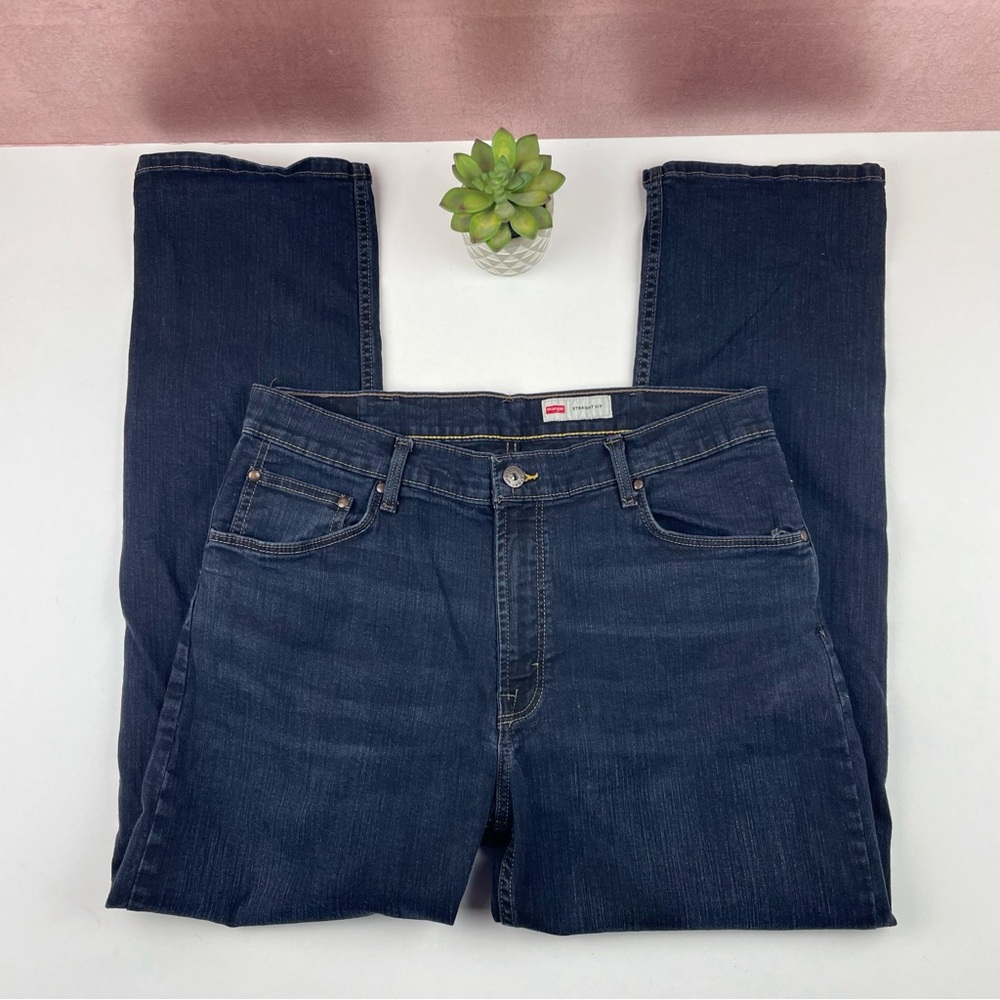 Wrangler Straight Fit Dark Blue Wash Casual Denim Jeans Men Size 36x30